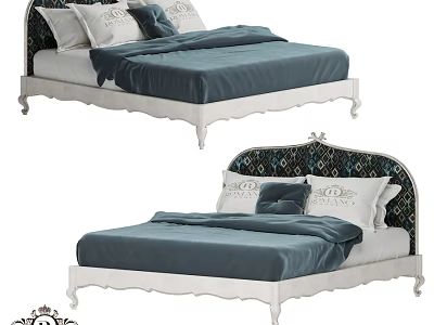 Elegant European Style Double Bed With White Frame Blue Sheets And Patterned Headboard 3d model