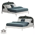 Elegant European Style Double Bed With White Frame Blue Sheets And Patterned Headboard