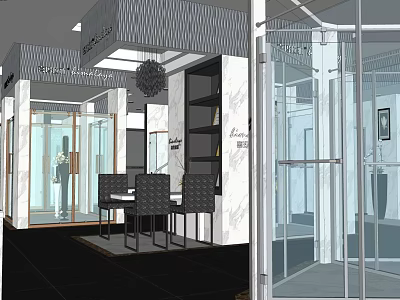 Modern Retail Store Interior With Glass Doors Display Shelves And Dining Area 3d model