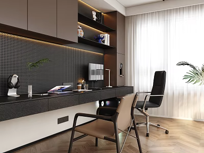 Modern Study Room With Dark Cabinets Writing Desk Bookshelves Office Chair And Green Plant 3d model