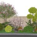 Beautiful Garden Landscape With Flowering Trees Green Shrubs And Wooden Fence