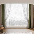 Green And White Curtains For Arched Window With Trees Outside Indoor Wooden Floor