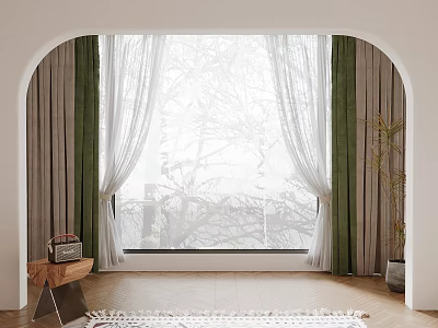 Green And White Curtains For Arched Window With Trees Outside Indoor Wooden Floor 3d model