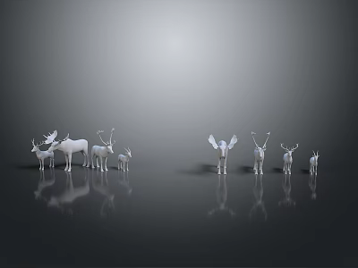 Various Sizes White Deer Figurines With Antlers And Wings On Reflective Surface 3d model
