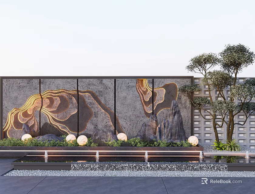 Modern Exterior Feature Wall With Landscape Pattern Green Plants And Round Lights 3d model 