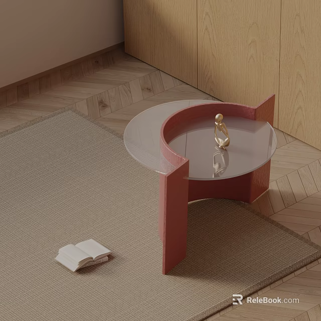 Stylish Modern Curved Red Leg Glass Top Side Table With Book On Wooden Floor Rug 3d model 