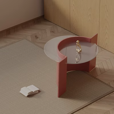 Stylish Modern Curved Red Leg Glass Top Side Table With Book On Wooden Floor Rug 3d model