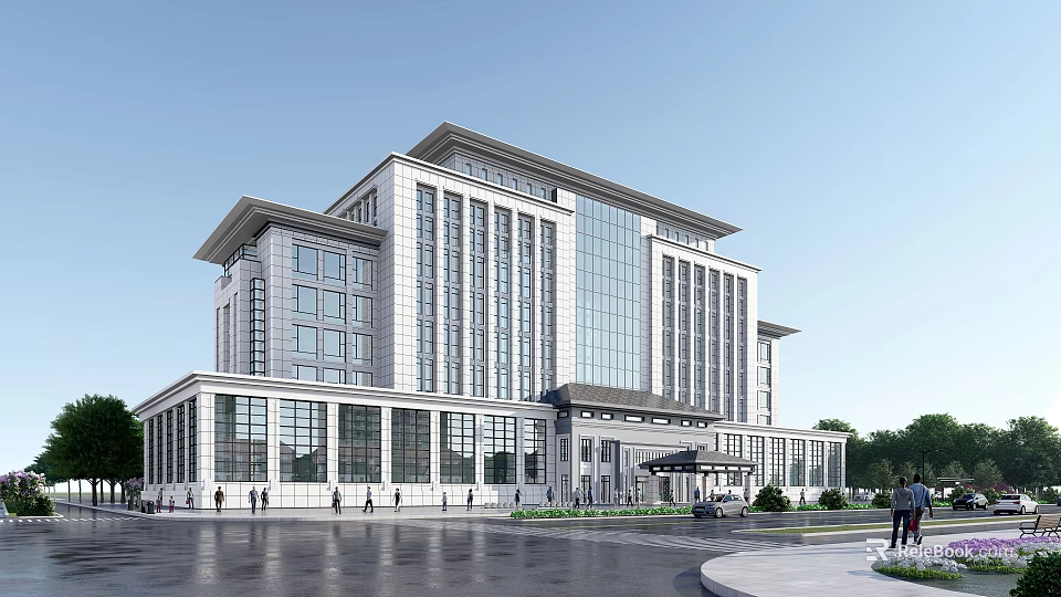 Modern Commercial Office Building With Glass Curtain Wall Stone Facade And Front Plaza Area Pedestrians 3d model 