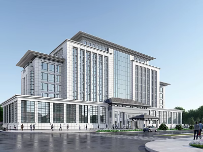 Modern Commercial Office Building With Glass Curtain Wall Stone Facade And Front Plaza Area Pedestrians 3d model