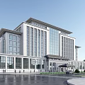Modern Commercial Office Building With Glass Curtain Wall Stone Facade And Front Plaza Area Pedestrians