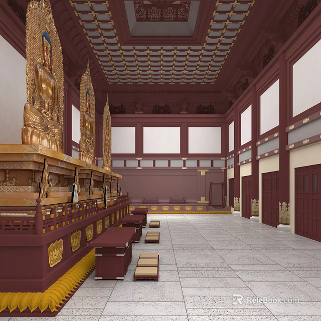 Sacred Buddhist Temple Interior With Golden Buddha Statues And Traditional Religious Design 3d model 