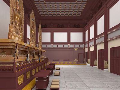 Sacred Buddhist Temple Interior With Golden Buddha Statues And Traditional Religious Design 3d model