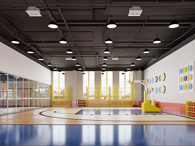 Bright Indoor Activity Space With Wooden Blue Flooring Yellow Fences And Colorful Number Circles 3d model