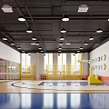 Bright Indoor Activity Space With Wooden Blue Flooring Yellow Fences And Colorful Number Circles