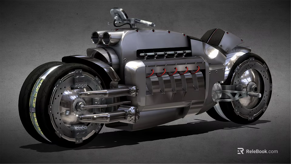Silver Metallic Motorcycle With Unique Retro Futuristic Design And Large Chrome Wheels 3d model 