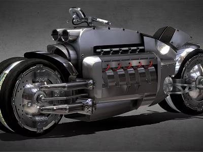 Silver Metallic Motorcycle With Unique Retro Futuristic Design And Large Chrome Wheels 3d model