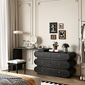 Elegant Wooden Dressing Table With Round Mirror Potted Plant Furry Stool And Framed Wall Art