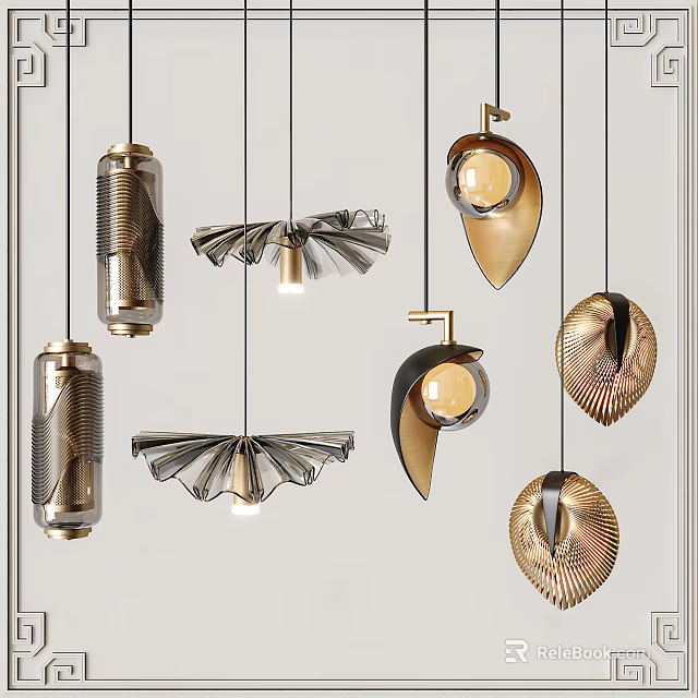 Unique Modern Pendant Lights with Artistic Metal Glass Textured Designs for Interior Decoration 3d model 