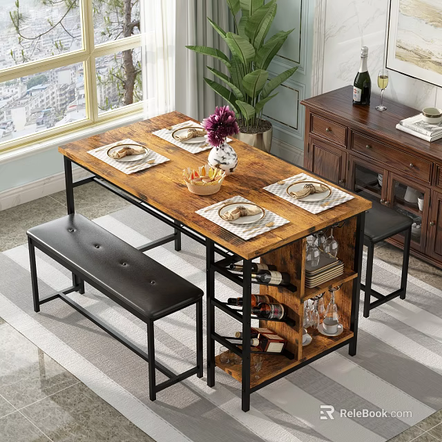 Charming Restaurant Dining Area With Wooden Table Placemats Cutlery Black Benches And Wine Rack 3d model 