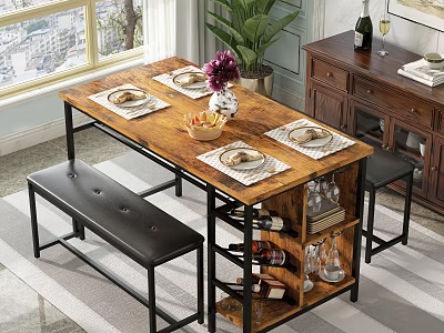 Charming Restaurant Dining Area With Wooden Table Placemats Cutlery Black Benches And Wine Rack 3d model