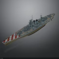 Detailed Military Warship Model Featuring Turret Deck And Striped Bow Design