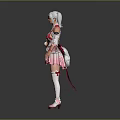 Anime Style Game and Movie Character With Silver White Hair Pink White Off Shoulder Outfit