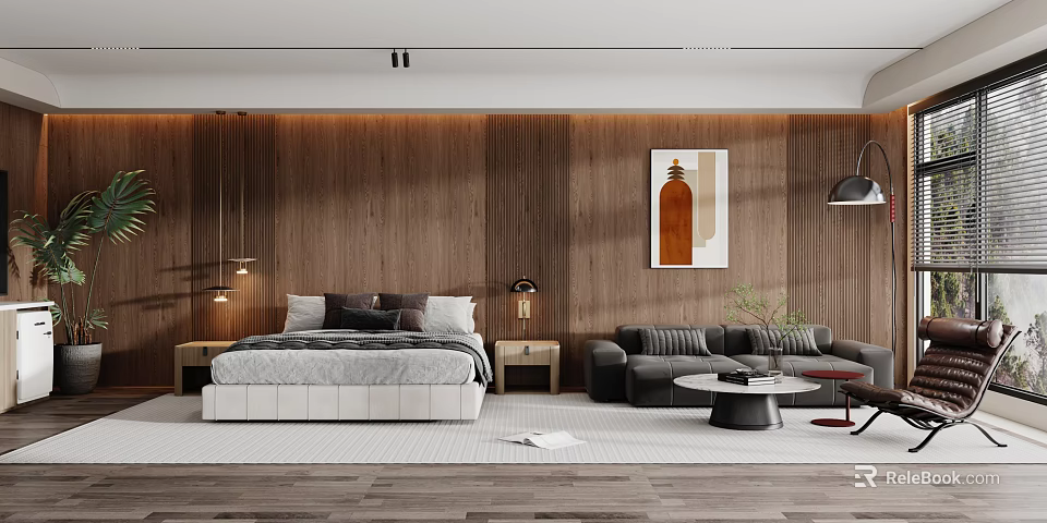 Modern Hotel Guest Room Interior With Wooden Wall Paneling Sofa Area And Decorative Painting 3d model 