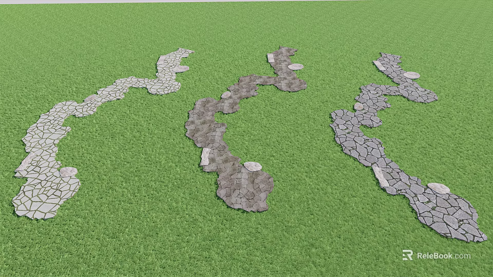 Stepping Stones Path on Green Lawn with Natural Stone Arrangement and Garden Design 3d model 