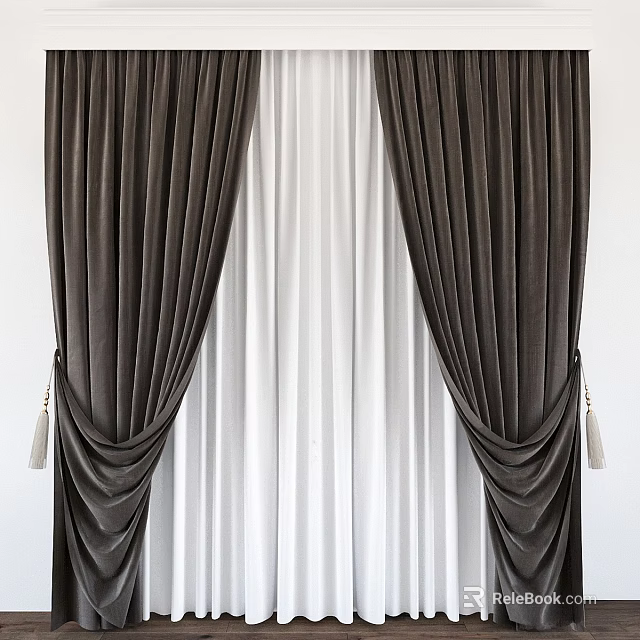 Elegant Brown Velvet Curtains With White Sheer Panels And Pleated Design 3d model 