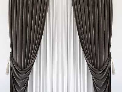 Elegant Brown Velvet Curtains With White Sheer Panels And Pleated Design 3d model