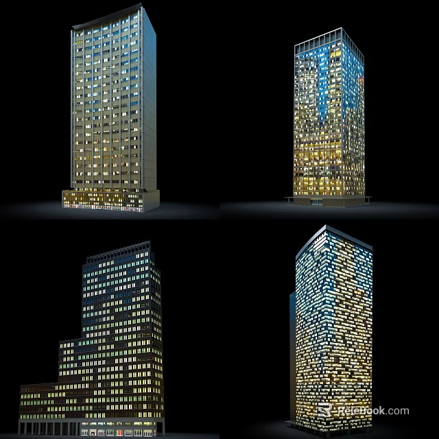 Modern Urban Skyscrapers Illuminated At Night With Distinct Architectural Features 3d model