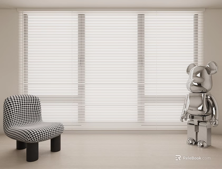 Modern White Blinds In Minimalist Room With Checkered Chair And Silver Figurine 3d model 