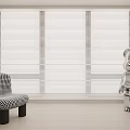 Modern White Blinds In Minimalist Room With Checkered Chair And Silver Figurine