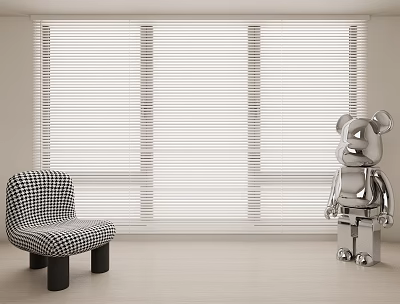 Modern White Blinds In Minimalist Room With Checkered Chair And Silver Figurine 3d model