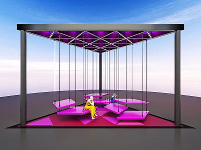 Vibrant Purple Canopy Structure With Hanging Swings Geometric Pink Floor And People Seated 3d model