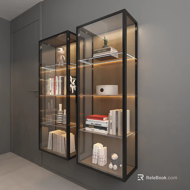 Modern Glass Door Storage Cabinet With LED Lighting And Shelves For Books Decor 3d model 