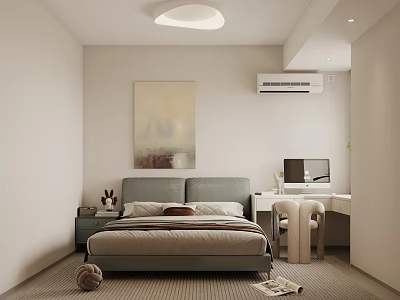 Cozy Modern Bedroom Interior With Gray Bed Nightstand Painting Air Conditioner Desk Chair 3d model