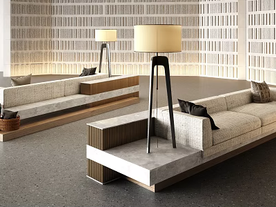 Modern Upholstered Sofa And Coffee Table Set With Floor Lamp And Textured Wall Design 3d model