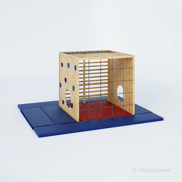 Wooden Cube Shaped Play Equipment With Grid Design And Colorful Dots On Blue Mat 3d model 