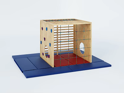 Wooden Cube Shaped Play Equipment With Grid Design And Colorful Dots On Blue Mat 3d model