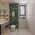 Modern Bright Bathroom Interior Design With Smart Toilet Floating Vanity And Round LED Mirror
