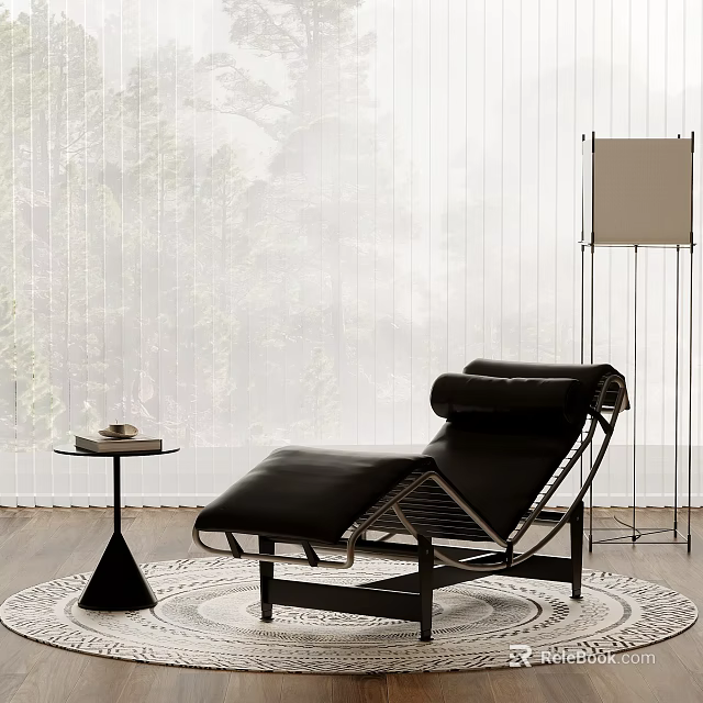 Modern Interior With Black Lounge Chair Small Side Table Floor Lamp And Blinds 3d model 