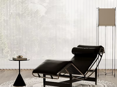 Modern Interior With Black Lounge Chair Small Side Table Floor Lamp And Blinds 3d model