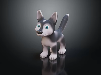 3D Modeled Husky Puppy With Blue Eyes Gray White Fur Standing On Black Background 3d model