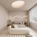 Modern Hotel Room Interior With Curved Design Circular Windows Soft Lighting And White Bed
