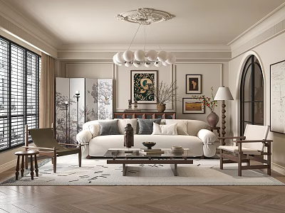 Elegant Living Room Featuring White Sofa Gray Cushions Wooden Coffee Table Chandelier And Herringbone Flooring 3d model