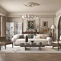 Elegant Living Room Featuring White Sofa Gray Cushions Wooden Coffee Table Chandelier And Herringbone Flooring
