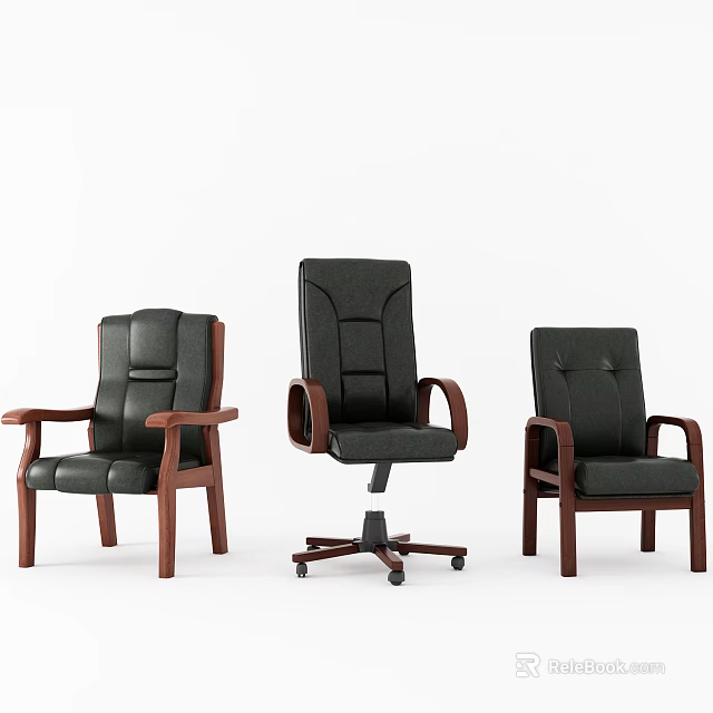 Black Leather Office Chairs With Wooden Arms Swivel Wheel Base And Stationary Designs 3d model 