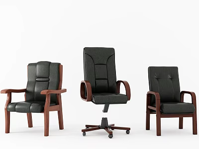 Black Leather Office Chairs With Wooden Arms Swivel Wheel Base And Stationary Designs 3d model