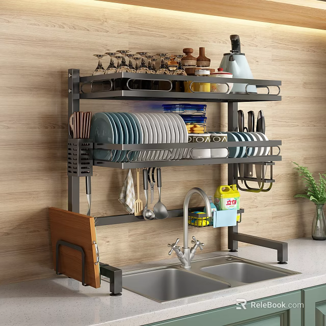 Practical Kitchen Wall Mounted Rack With Dishes Utensils Wine Glasses And Storage Jars 3d model 
